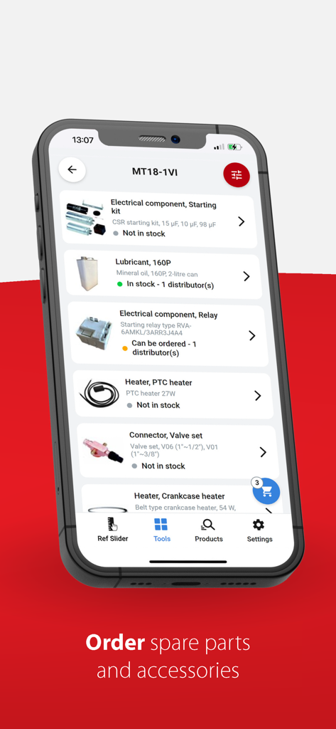 Ref Tools app interface showing a list of HVACR spare parts and accessories for order with stock status information.