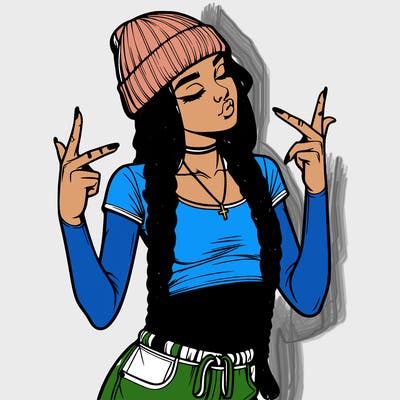 realistic teenage girl with braids and a beanie and crop top doing 🫶🏼