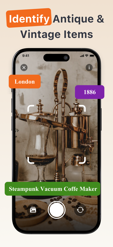 Antique Identifier - Antique Identifier app interface showing the AI scan of a vintage steampunk coffee maker with historical data