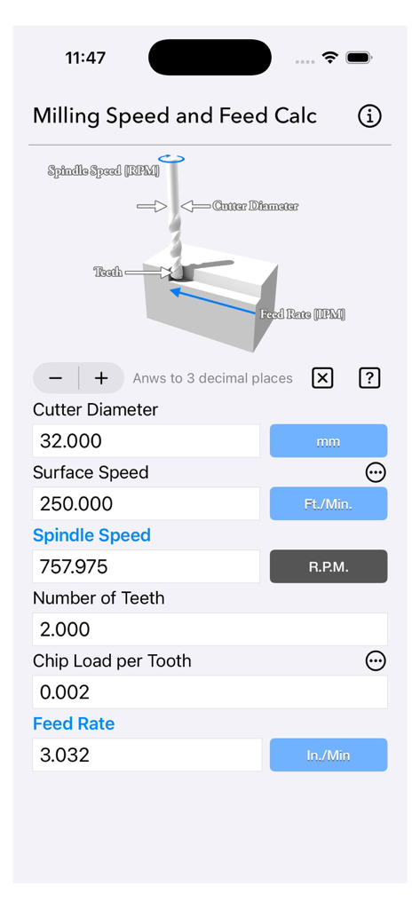 Milling Speed and Feed Calc mobile app interface showing machining parameters and technical tool diagram