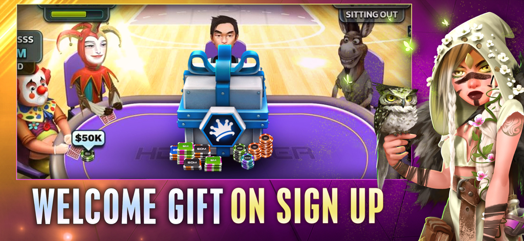 HD Poker: Texas Holdem - HD Poker game screen featuring diverse character avatars and a large welcome gift box on the table