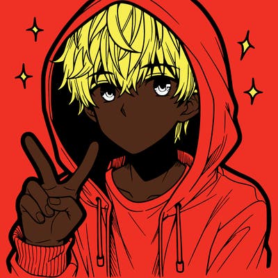 teenage manga boy in a hoodie, doing ✌