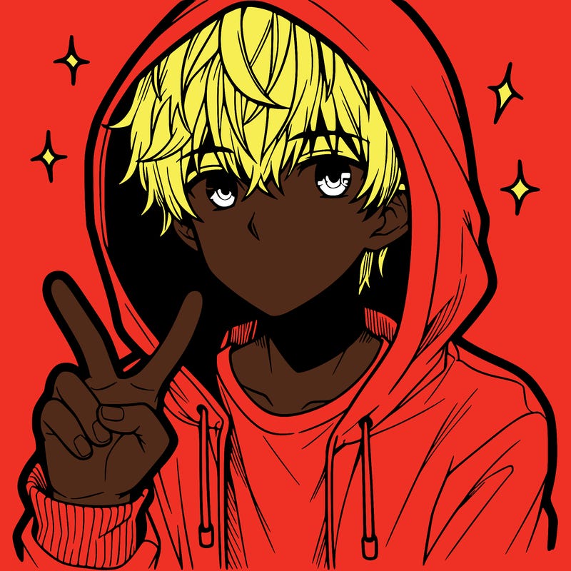 teenage manga boy in a hoodie, doing ✌