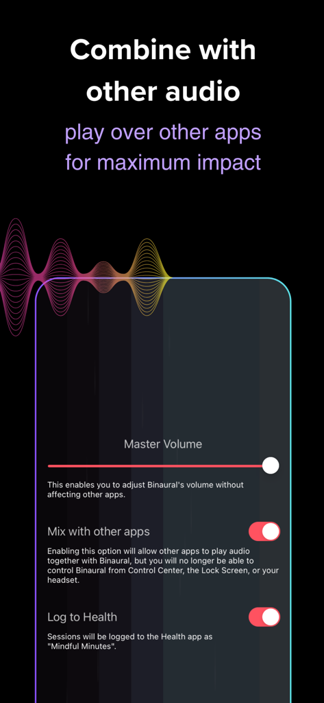 Echobay Heal: Binaural Beats - Interface of the Echobay Heal app showing options to mix binaural beats with other audio and log mindful minutes to Apple Health