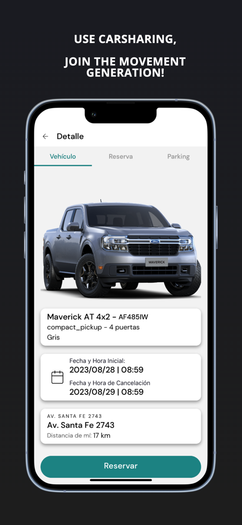 Schermata di prenotazione dell'app di car sharing MyKeego che mostra un pickup e i dettagli della prenotazione.