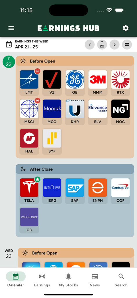 Earnings Hub and Calendar - Weekly stock earnings calendar display on the Earnings Hub mobile app interface