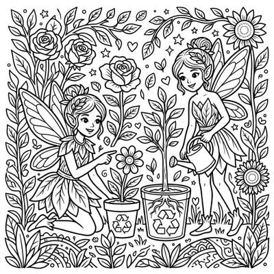 Immerse yourself in the magic of nature with this delightful Garden Fairies coloring page, celebrating Earth Day. Join these enchanting fairies as they nurture plants, flowers, and promote environmental care through recycling, offering a beautiful scene to bring to life with your colors.