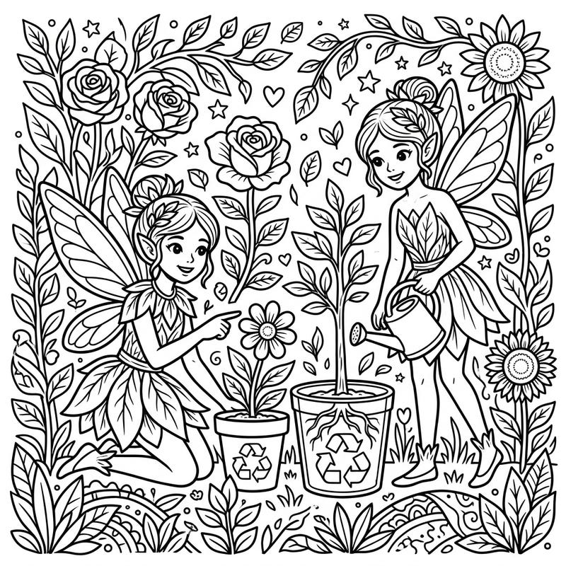 Immerse yourself in the magic of nature with this delightful Garden Fairies coloring page, celebrating Earth Day. Join these enchanting fairies as they nurture plants, flowers, and promote environmental care through recycling, offering a beautiful scene to bring to life with your colors.