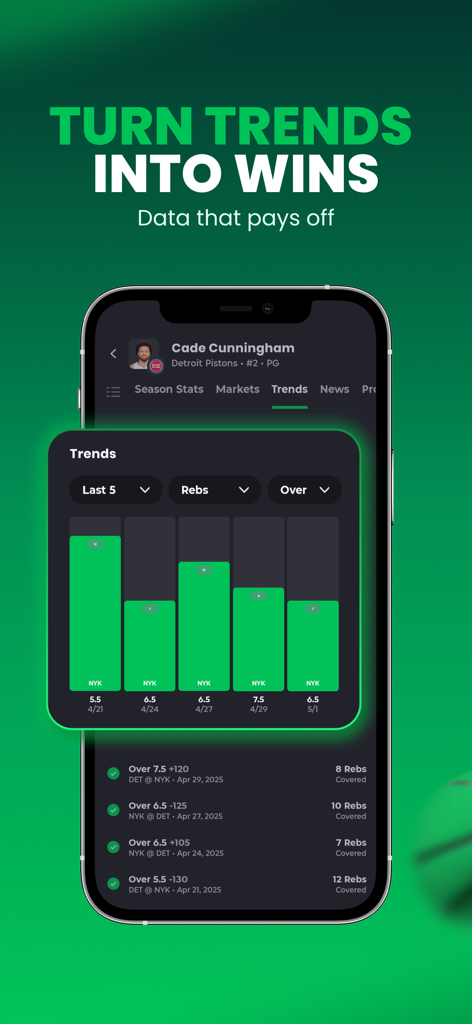 プレーヤープロップの選手パフォーマンスデータとベッティングトレンドを表示しているAction Networkアプリの画面