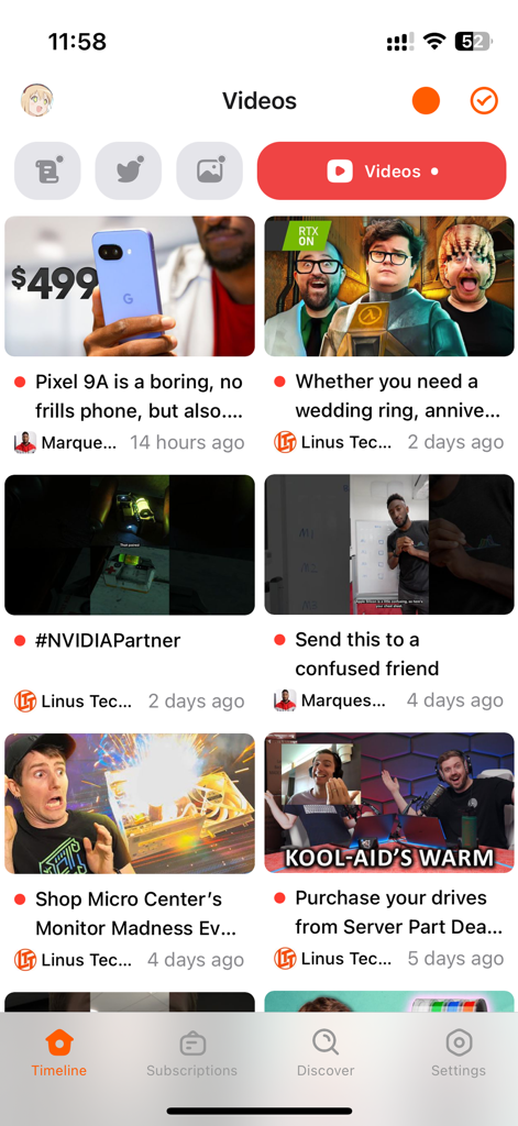 The Folo app interface showing a curated video timeline with tech news and creator content
