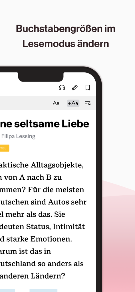 Interface of the Deutsch perfekt app showing how to change font sizes in reading mode