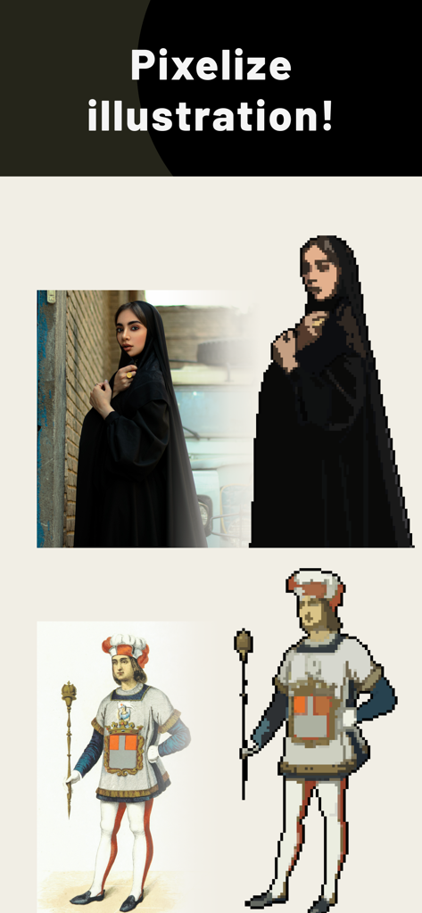 Une démonstration de l'application PixelMe convertissant le portrait d'une femme et une illustration historique en art 8 bits.
