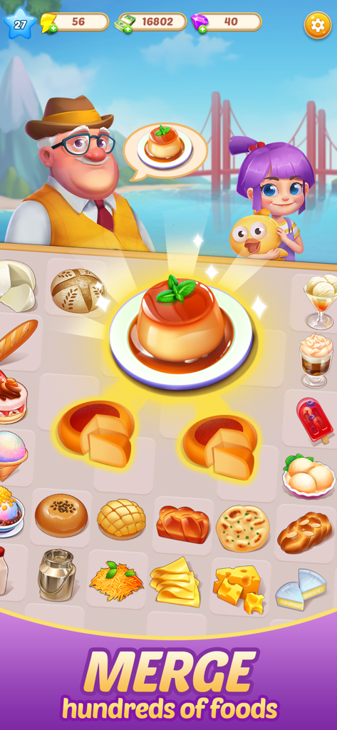 Gameplay screen of Merge Food showing food items being merged on a grid to create new dishes.