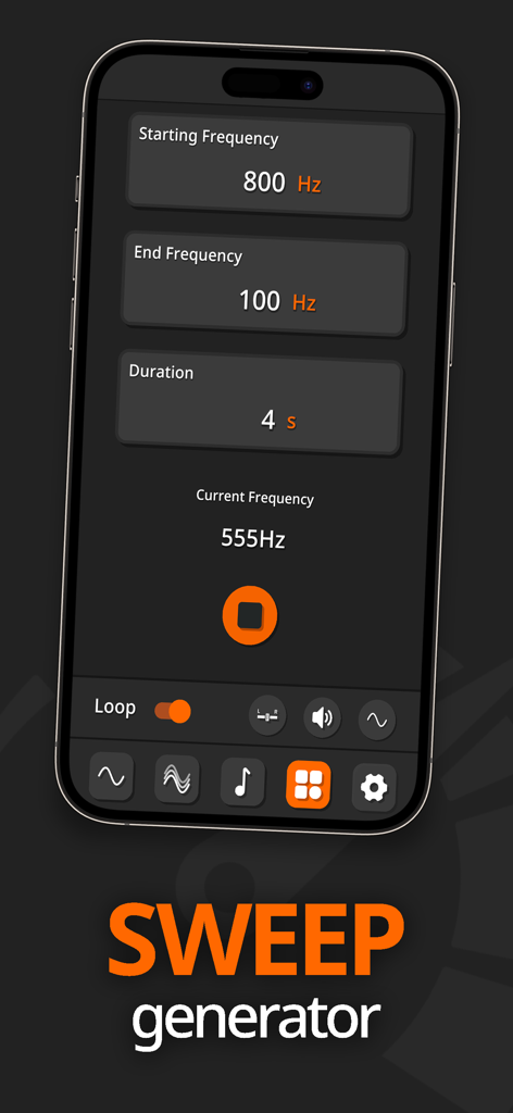 Frequency Sound Wave Generator - Sweep generator interface showing frequency range settings for audio testing