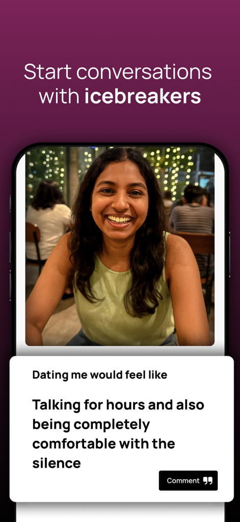 A woman's profile on the Aisle dating app featuring an icebreaker prompt to start conversations