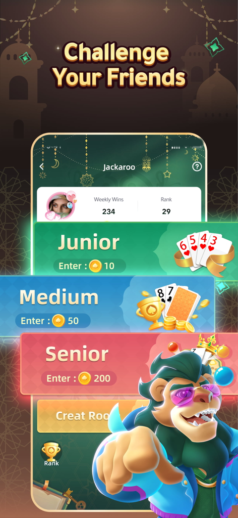 Jackaroo King - Original - Jackaroo King app screen showing Junior Medium and Senior game modes with a social challenge headline