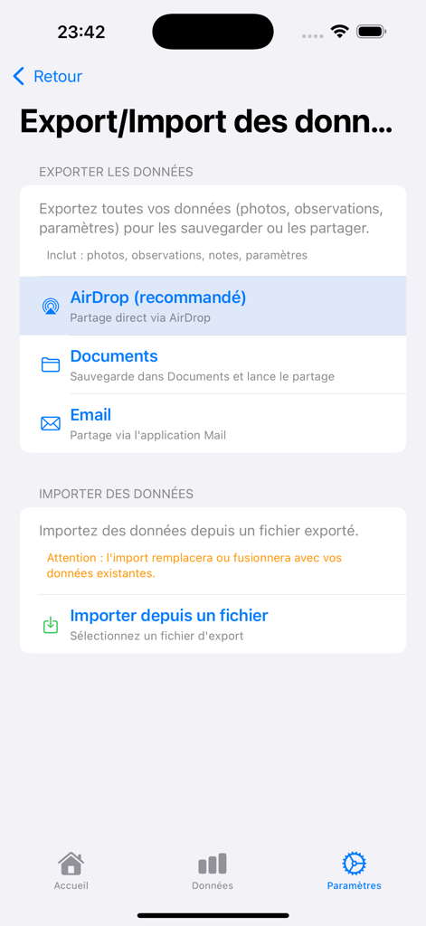 CatalogueMessier - Pantalla de exportación e importación de datos y fotos de observaciones astronómicas