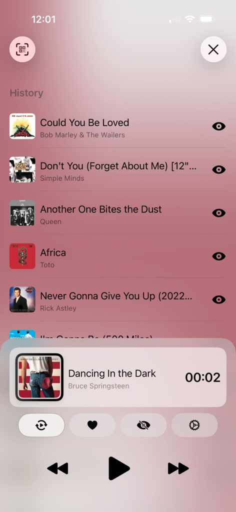 Shuffle Music Bingo - Game - Shuffle Music Bingo app screen showing song history and playback controls.
