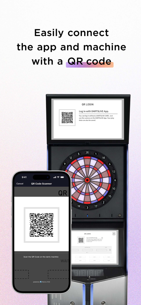 Smartphone scanning a QR code on a DARTSLIVE dart machine to connect the app