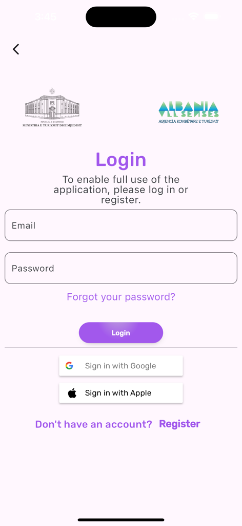 Login screen for the TEA app showing email entry fields and social login options for Google and Apple