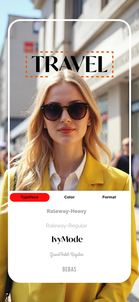 A photo editor app interface showing a travel photo of a woman in a yellow blazer with a font selection menu for the text overlay