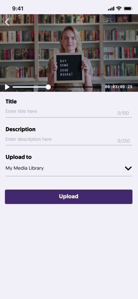 YuJa Lumina - Tela do aplicativo móvel YuJa Lumina para fazer upload de um vídeo com campos de entrada de título e descrição
