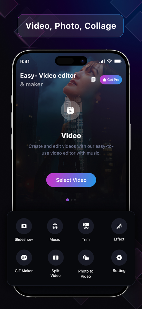 EasyCut : Video Editor & Maker - Home screen of EasyCut Video Editor and Maker app featuring video editing tools like trim music and effects