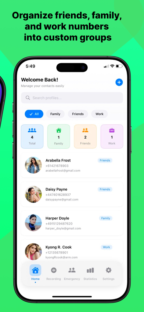 WhatsChat Pro - Pantalla de inicio de WhatsChat Pro mostrando contactos organizados en grupos personalizados como familia amigos y trabajo