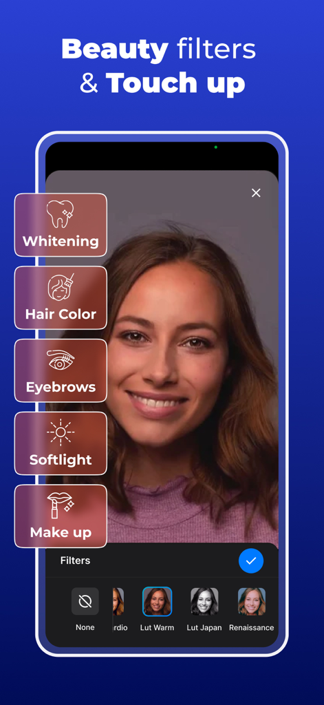 Teleprompter - VILO - VILO Teleprompter App-Oberfläche mit Schönheitsfiltern und Touch-up-Optionen wie Zahnaufhellung, Haarfarbe und Make-up für die Videoaufnahme