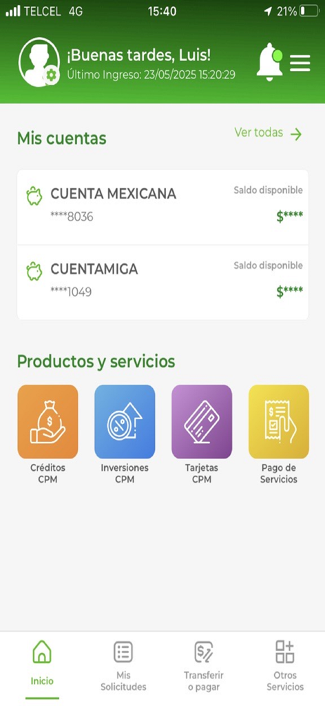 Pantalla de inicio de la app CPM Movil Plus mostrando resúmenes de cuenta e íconos de servicios financieros como préstamos e inversiones