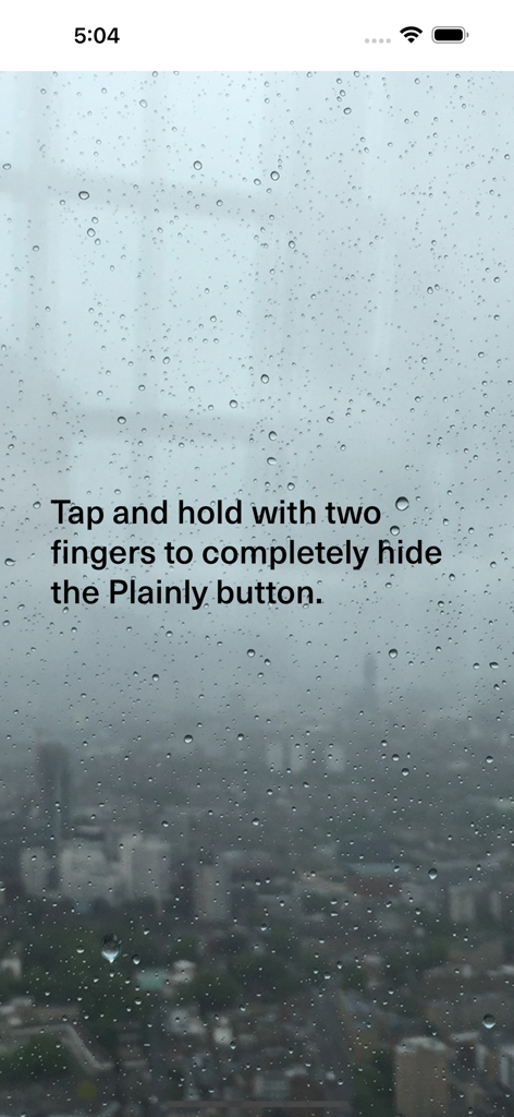 Plainly - Full Screen Browser - Instructions for hiding the browser navigation button using a two finger gesture on a rainy city background