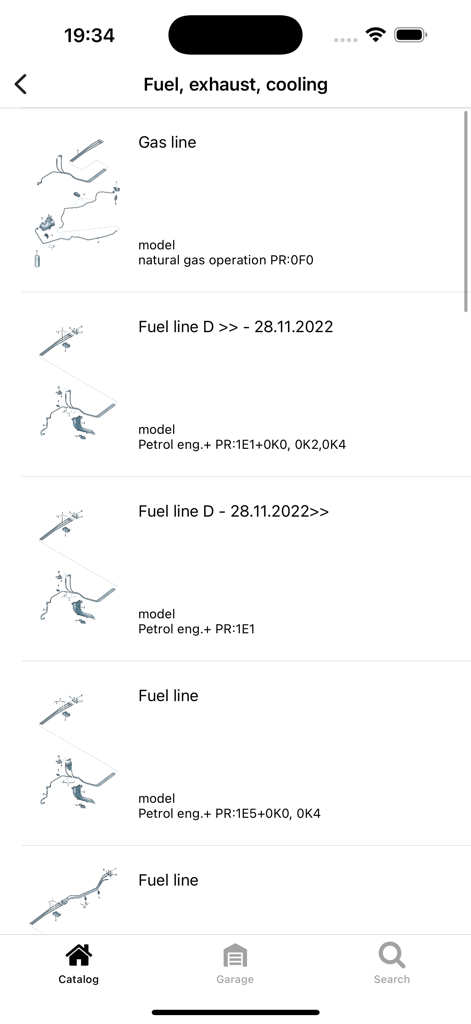 Skoda mobile app interface displaying technical diagrams for fuel and exhaust system parts