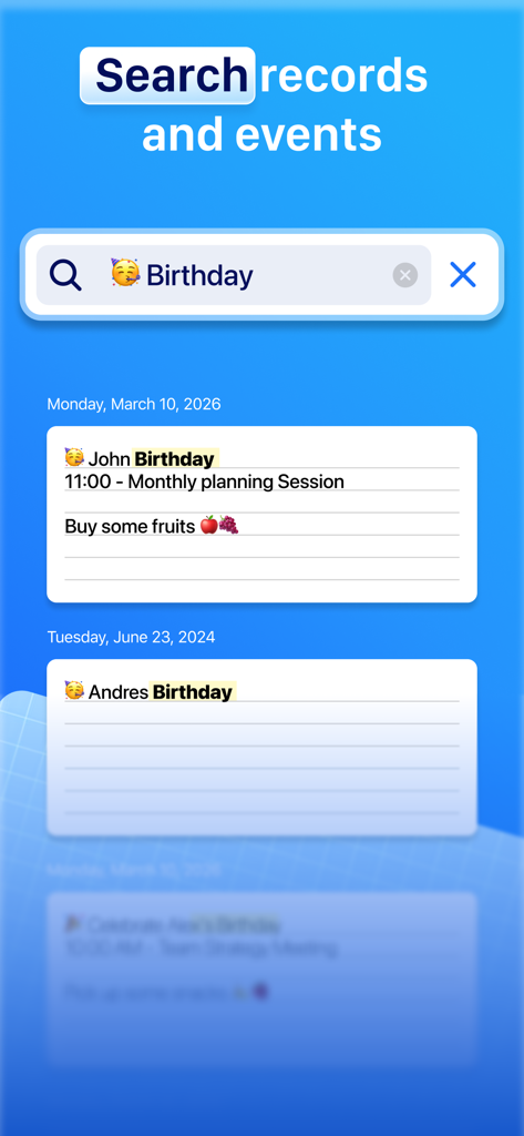 Mobile app screen showing the search functionality for records and events with a paper diary aesthetic