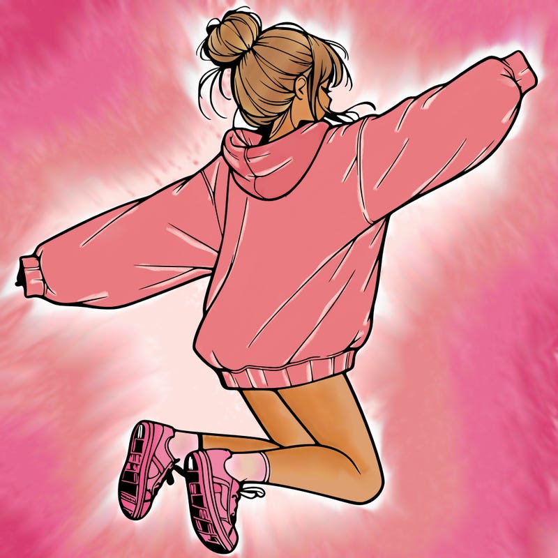realistic girl jumping with a bun and oversized sweatshirt