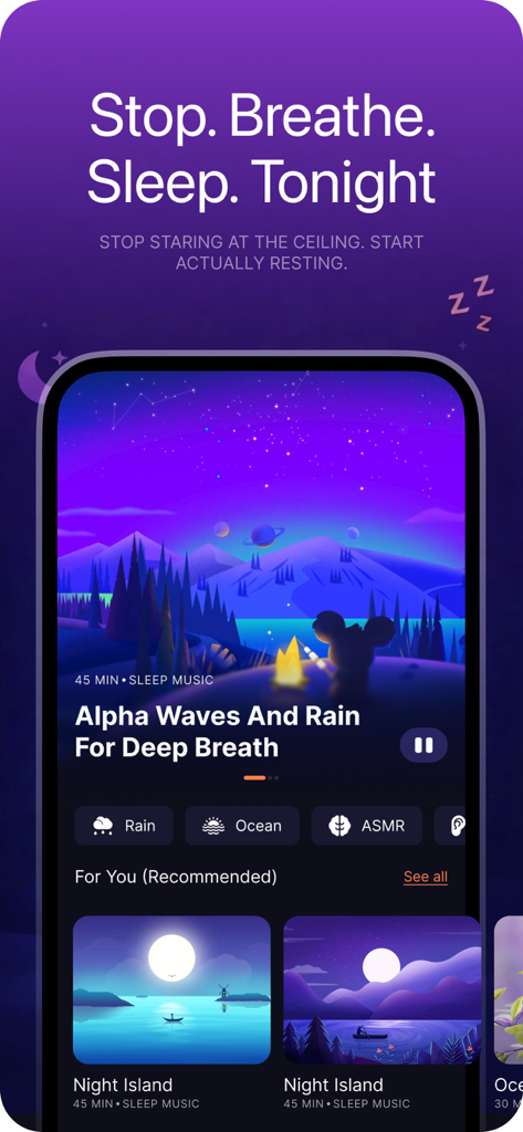 DeepSleep: Sleep Cycle Tracker - Interfaz de la aplicación DeepSleep mostrando música para dormir y categorías de sonidos relajantes como lluvia y océano