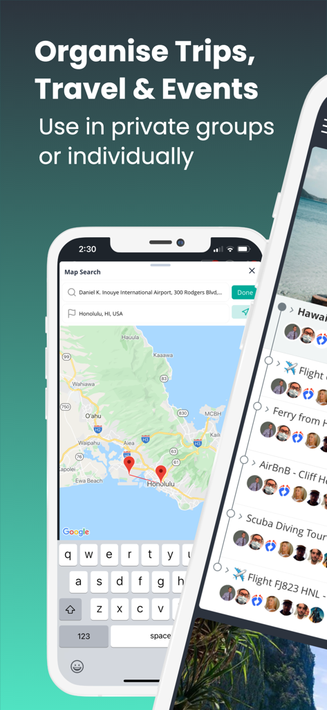 Lyfshort app interface showing a travel itinerary and integrated map for group trip planning