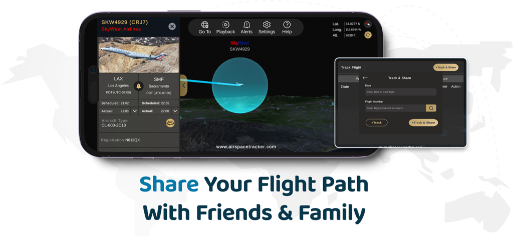 Interfaz de la aplicación AirspaceTracker que muestra el rastreo de la ruta de vuelo en 3D y la función para compartir el estado del vuelo