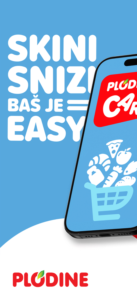 Plodine Card - Plodine Card app promotional screen showing a smartphone with a shopping basket icon filled with groceries and Croatian marketing text.