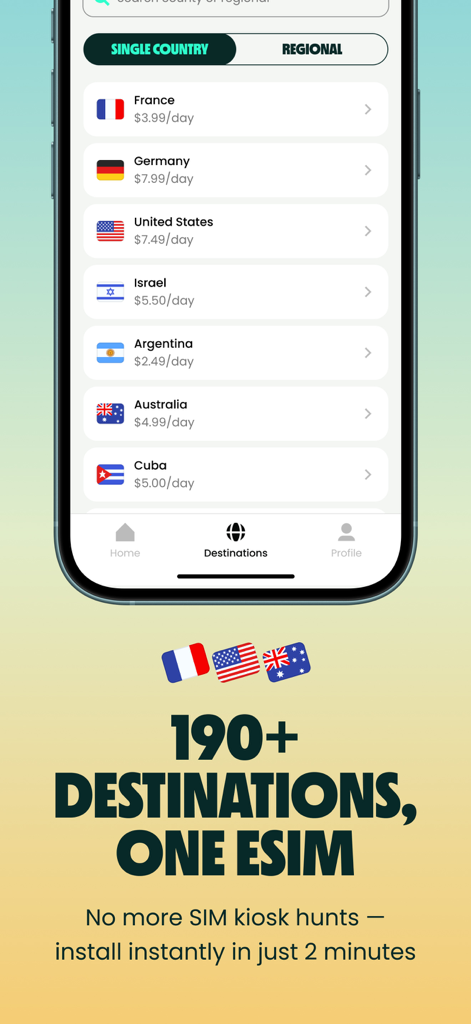 Truely・Travel eSIM & Data Plan - A mobile app screen showing travel eSIM data plans for multiple countries and the headline 190 plus destinations one eSIM