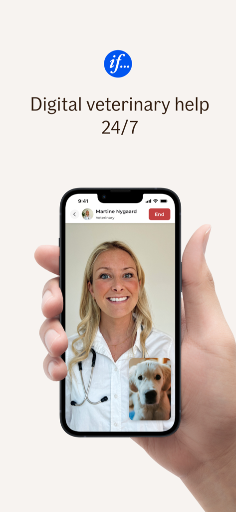 If Djurhjälpen - Pantalla de smartphone mostrando una videollamada veterinaria digital 24/7 entre un veterinario y un dueño de mascota con un perro