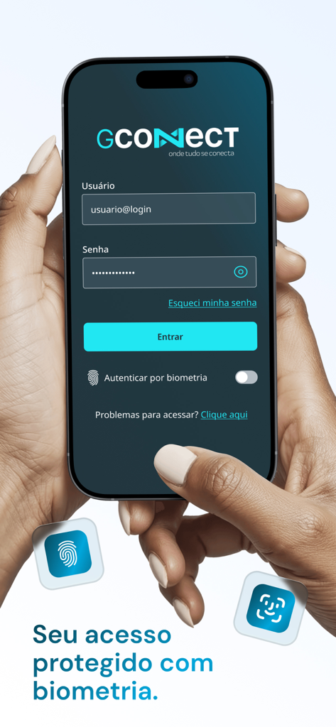 Login page of GConnect app featuring biometric authentication for secure access.