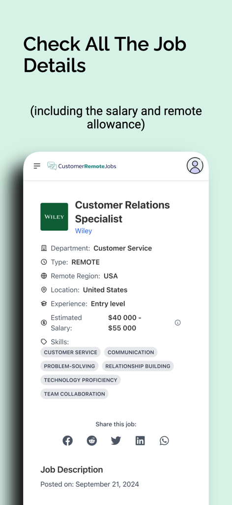 Customer Service Remote Jobs - Screenshot der App Customer Service Remote Jobs, der detaillierte Informationen für eine Remote-Position als Kundenbeziehungsmanager anzeigt