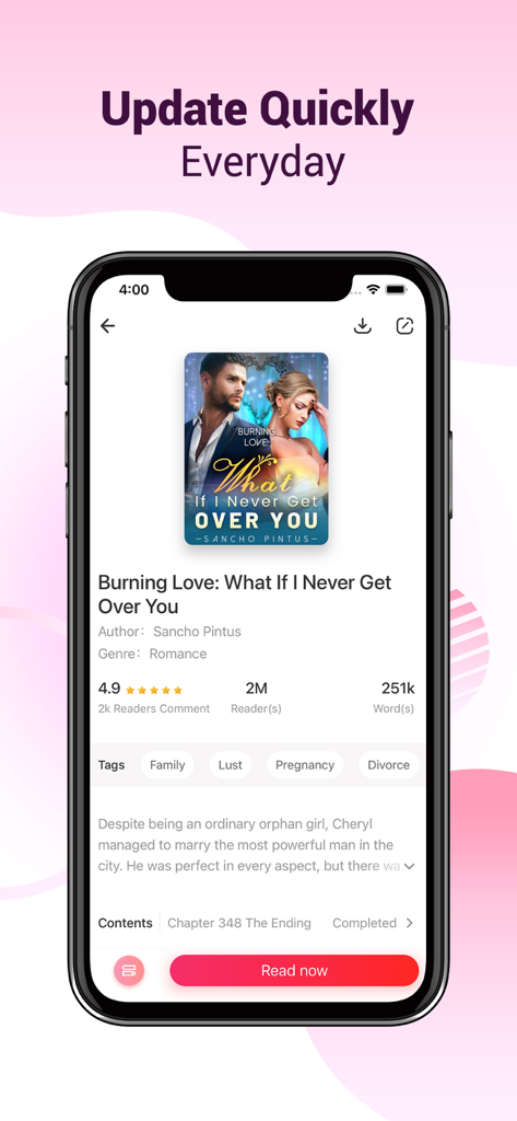 Lelivro: Best Livros & Stories - Pantalla de smartphone que muestra la página de detalles del libro de la aplicación Lelivro para una novela de romance.