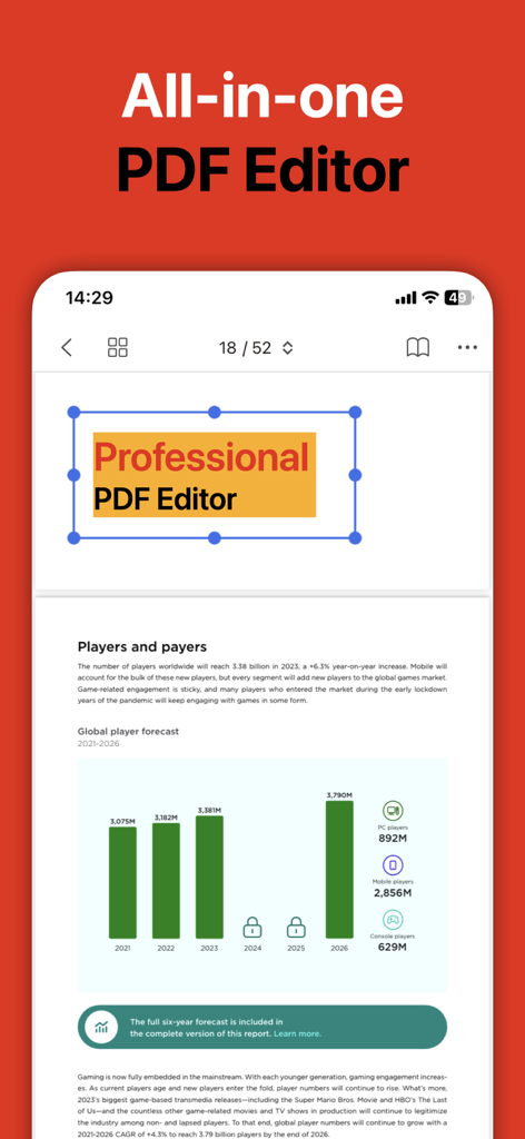 PDF Editor : PDF Reader,Signer - ドキュメント編集とレポートを示すオールインワンPDFエディタのモバイルアプリインターフェース