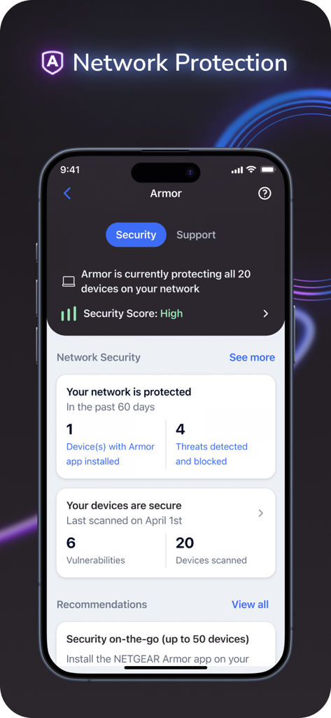 NETGEAR Nighthawk - WiFi App - セキュリティスコアとブロックされた脅威の概要が表示された、NETGEAR NighthawkアプリのArmorネットワーク保護ダッシュボード