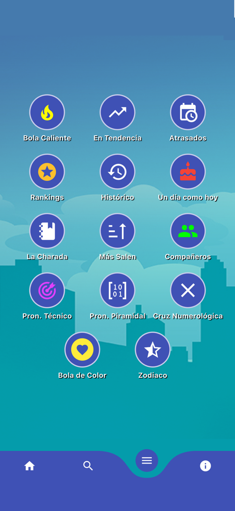 Menú principal de la aplicación La Bolita Cubana que muestra varias herramientas de análisis y predicción de lotería en español
