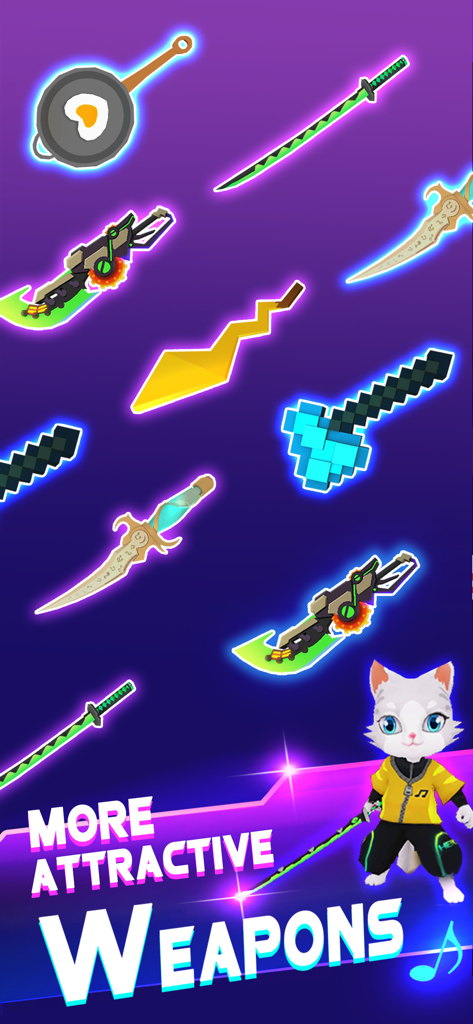 Blade Master : Beat The Music - A variety of glowing swords and unique weapon skins with a cat character in Blade Master