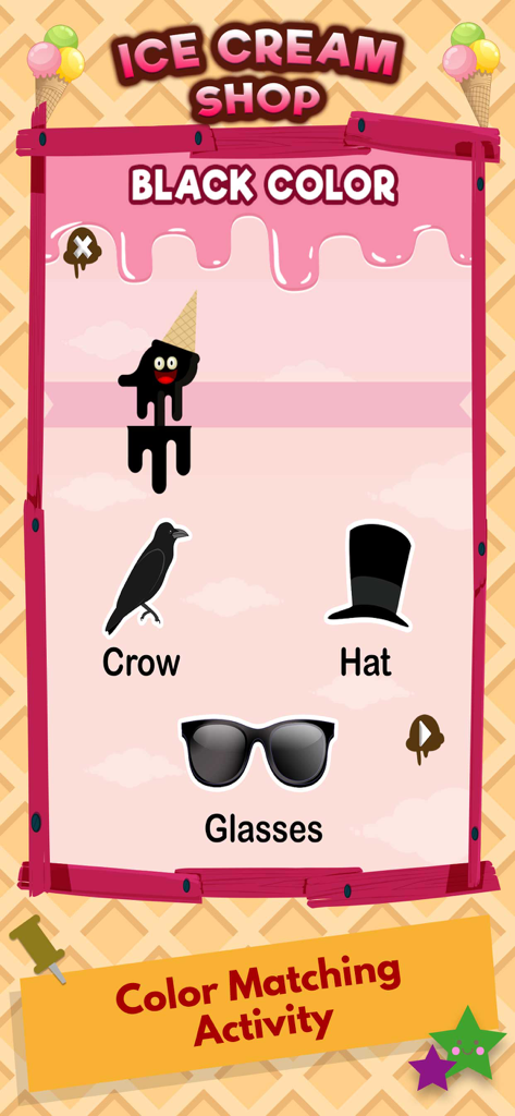Learning Colors Games For Kids - Screenshot of the black color matching activity featuring a crow, hat, and glasses from the Ice Cream Shop app.