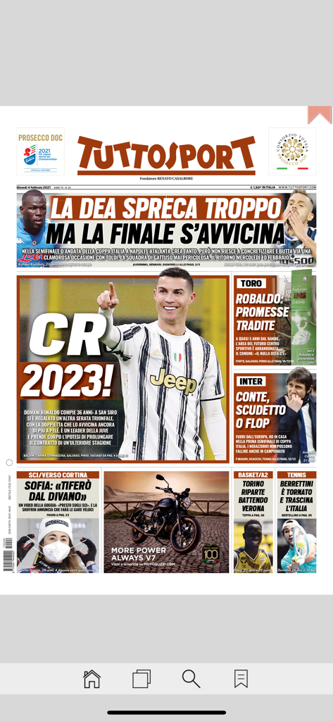 Prima pagina del quotidiano digitale Tuttosport HD con protagonista Cristiano Ronaldo e titoli sportivi italiani