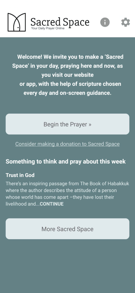 Sacred Space Daily Prayer - Home screen of the Sacred Space app featuring a welcome message and a button to begin daily prayer.